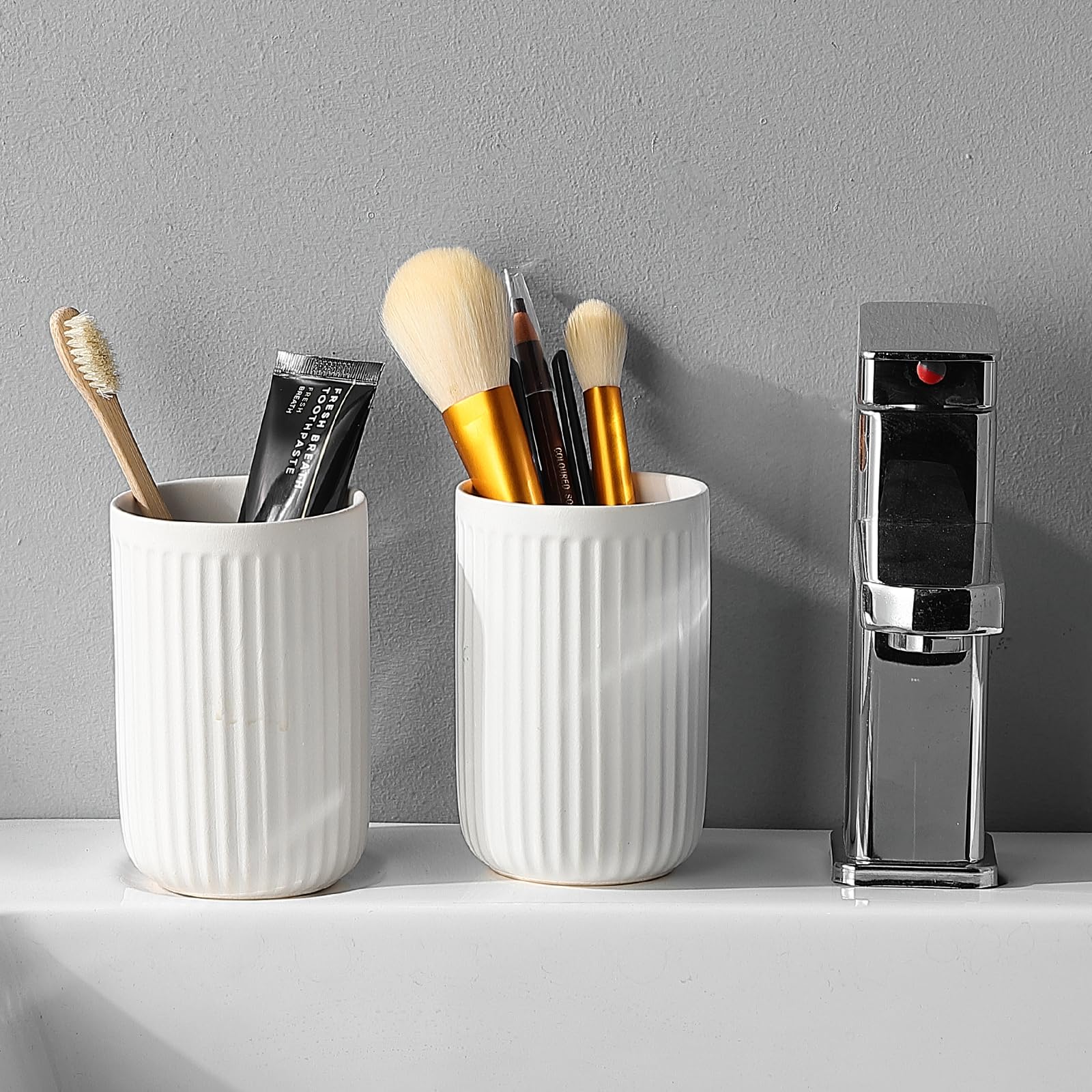 Bsdisp White Toothbrush Holders For Bathrooms - 1 Cups Ceramic Toothbrush Toothpaste Holders, White Bathroom Tumbler Cups Reusab